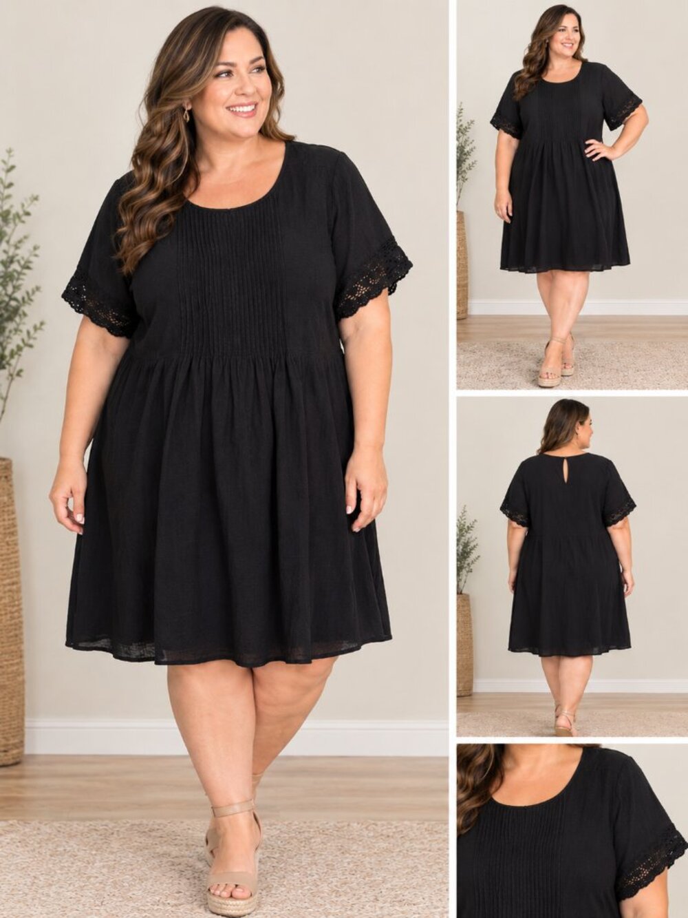 Old Navy XL Black Pin-tuck Dress with Crochet Lace Accent Sleeves 🖤